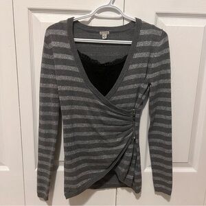 Y2K GUESS Vintage Grey Striped Zipper Low-cut V-neck Long Sleeve Top